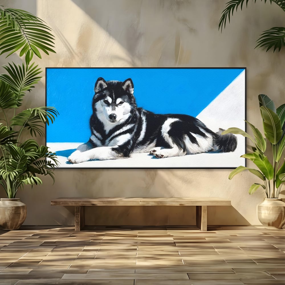 Tablou canvas cu tablou canvas cu husky alb-negru, in rama de aluminiu negru